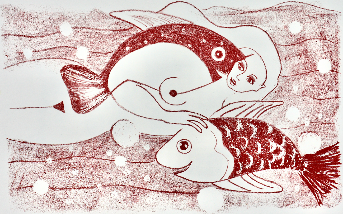 Akt Erotik Rot-Weiß-Lithographie - Lithografie Steindruck "Mädchen mit Fischen"