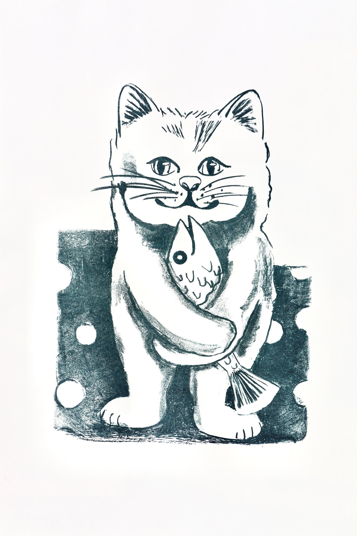 Katze mit Fisch (Blau-Weiß) – Lithografie