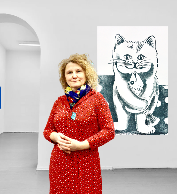 Katze mit Fisch - Schwarz-Weiß Lithografie