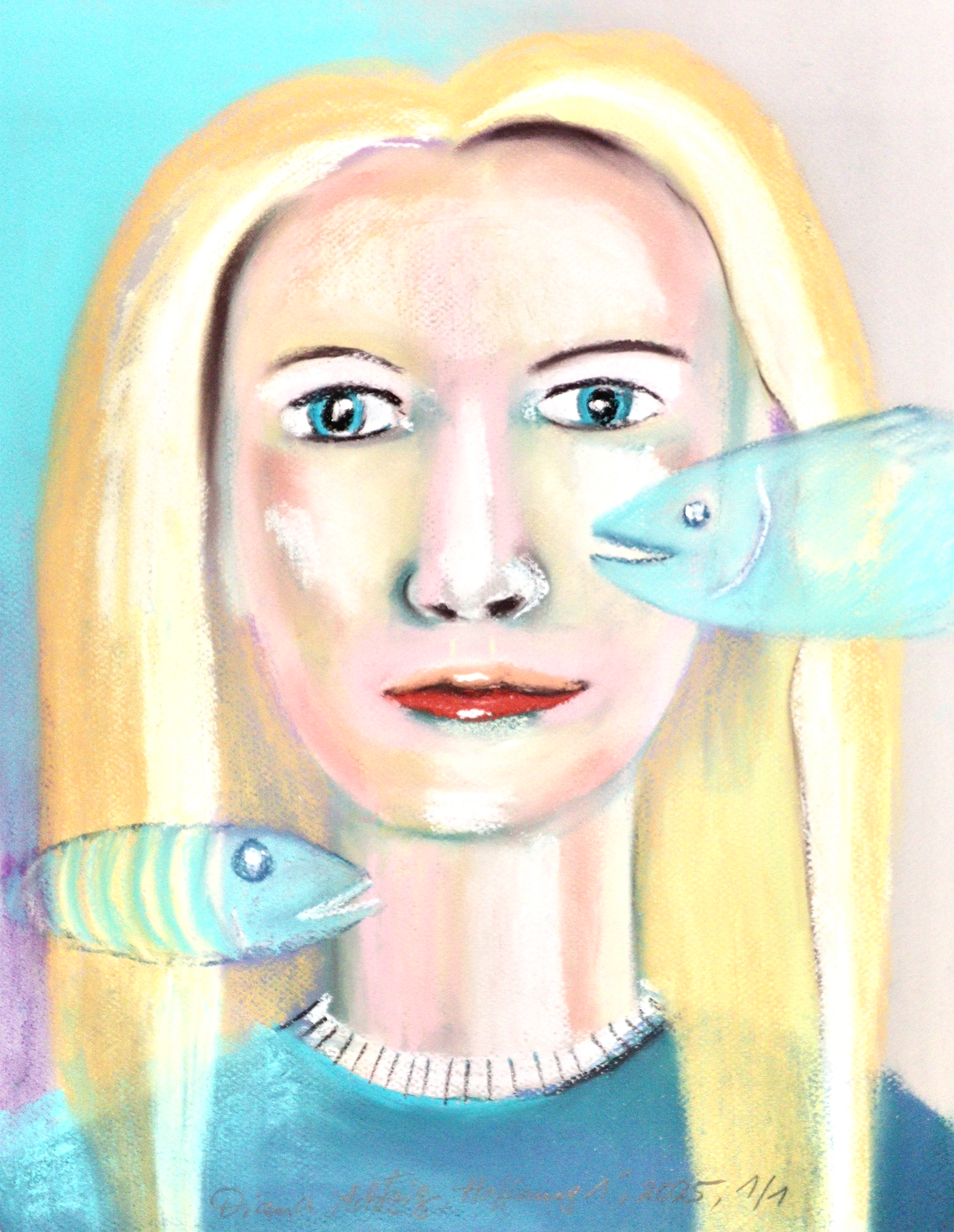 Mädchenporträt mit Türkisen Fischen - Hoffnung 1 - Pastellkreide, A3