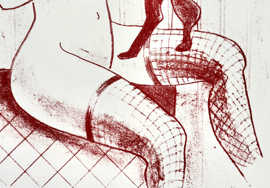 Akt Erotik Rot-Weiß-Lithographie „Mädchen mit Katze“ (2020) A2, Büttenpapier