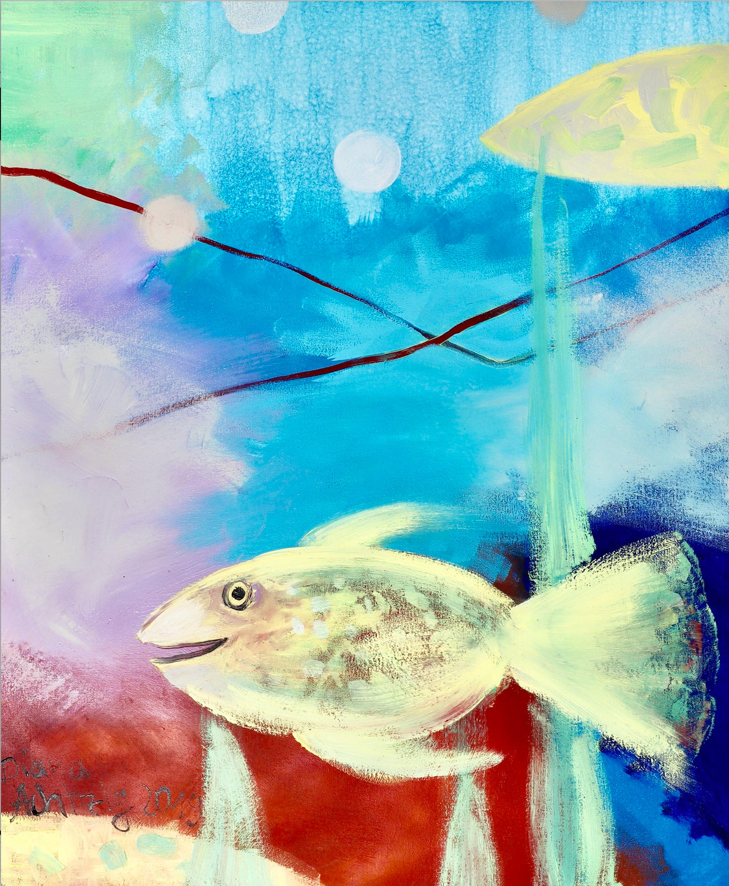 Gemälde: "Drei goldene Fische im türkisen Wasser", 60 x 50 x 2 cm, 2019
