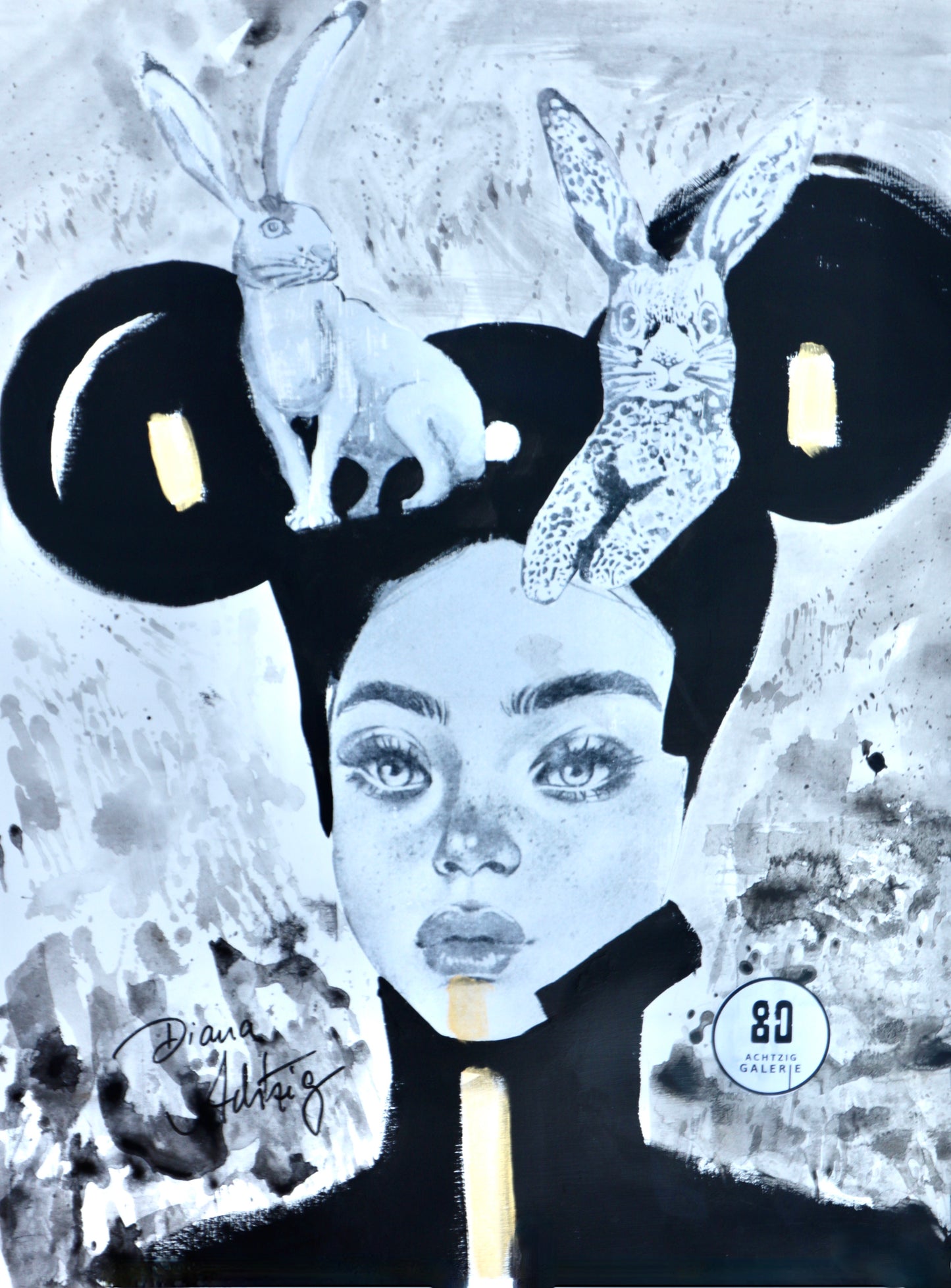 POP-ART Mädchenporträt + Hasen+ Micky Maus - Ohren