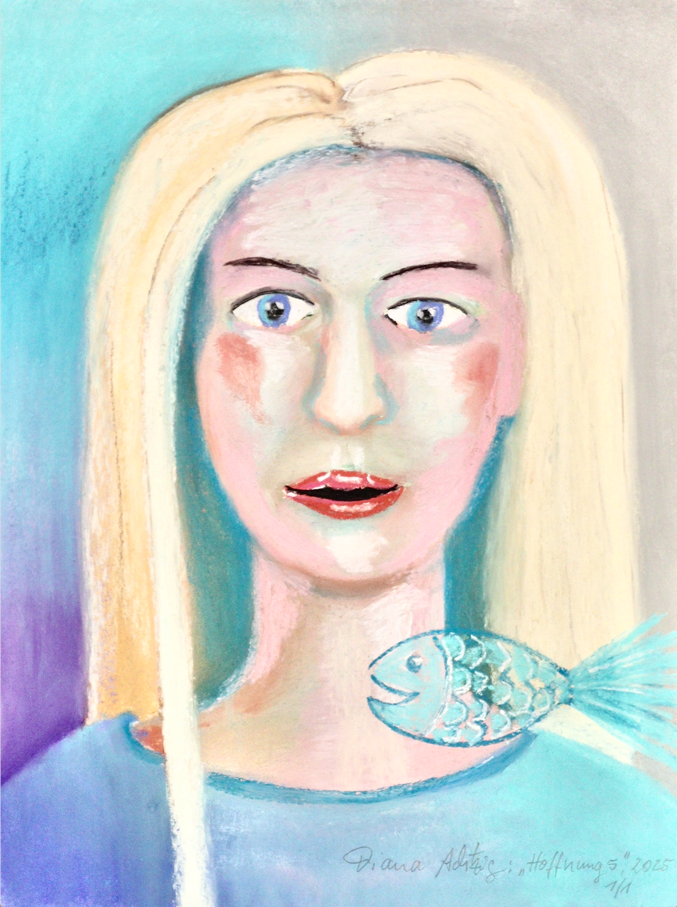 Mädchenporträt mit türkisfarbenem Fisch - Hoffnung 5, Pastellkreidekunst, ca. A2,