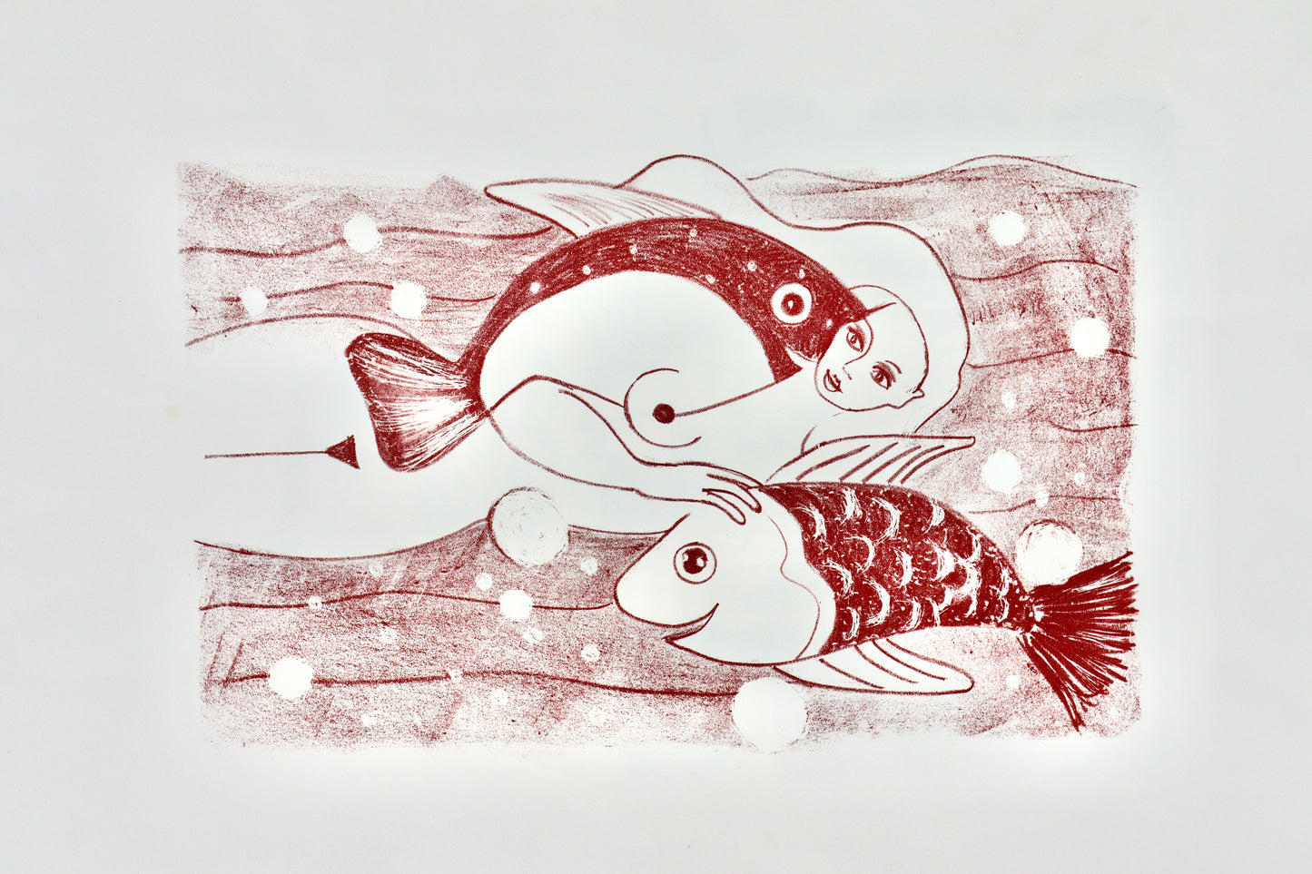 Akt Erotik Rot-Weiß-Lithographie - Lithografie Steindruck "Mädchen mit Fischen"