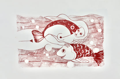 Akt Erotik Rot-Weiß-Lithographie - Lithografie Steindruck "Mädchen mit Fischen"