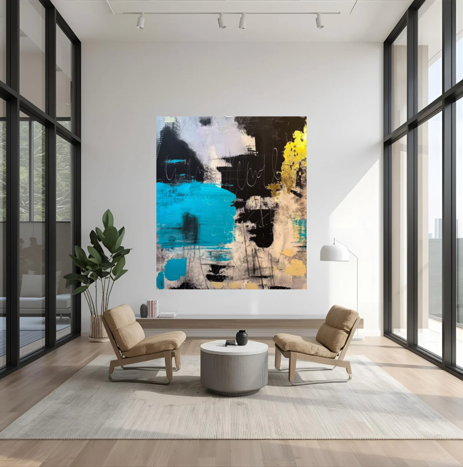 VERKAUFT „Abstrakte Meereslandschaft mit Gold II." Ölgemälde 200 x 150 Tiefsee-Ästhetik