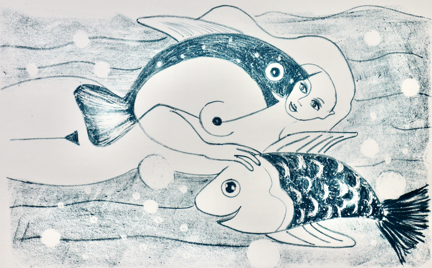 Akt, Erotik, Blau-Weiß-Lithographie-Lithografie: "Mädchen mit Fischen" 6 Auflagen, A2, 2020,