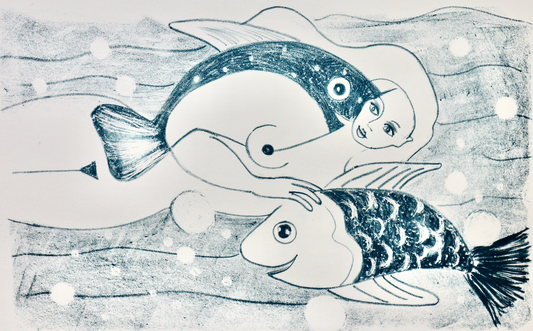 Akt, Erotik, Blau-Weiß-Lithographie-Lithografie: "Mädchen mit Fischen" 6 Auflagen, A2, 2020,
