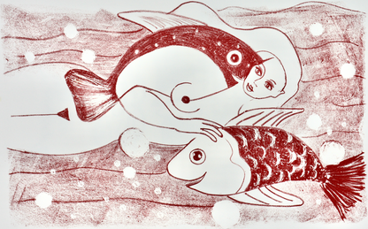 Akt Erotik Rot-Weiß-Lithographie - Lithografie Steindruck "Mädchen mit Fischen"