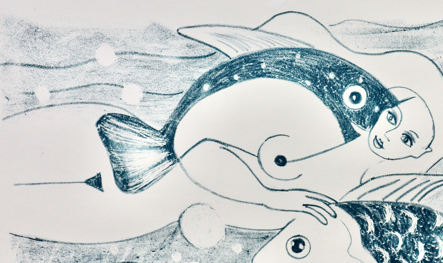 Akt, Erotik, Blau-Weiß-Lithographie-Lithografie: "Mädchen mit Fischen" 6 Auflagen, A2, 2020,