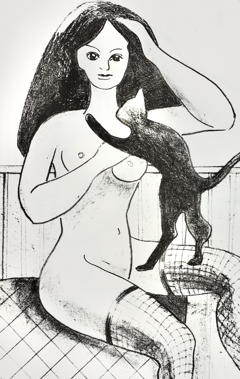 Akt Erotik - Schwarz-Weiß-Lithographie: "Mädchen mit Katze", A2,  6 Auflagen