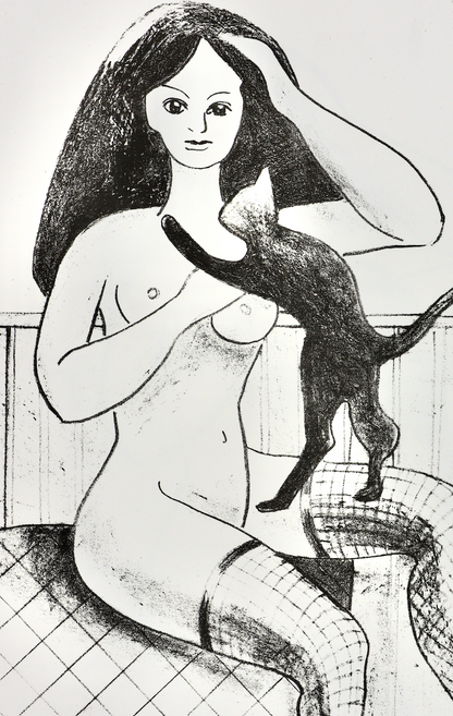Akt Erotik - Schwarz-Weiß-Lithographie: "Mädchen mit Katze", A2,  6 Auflagen