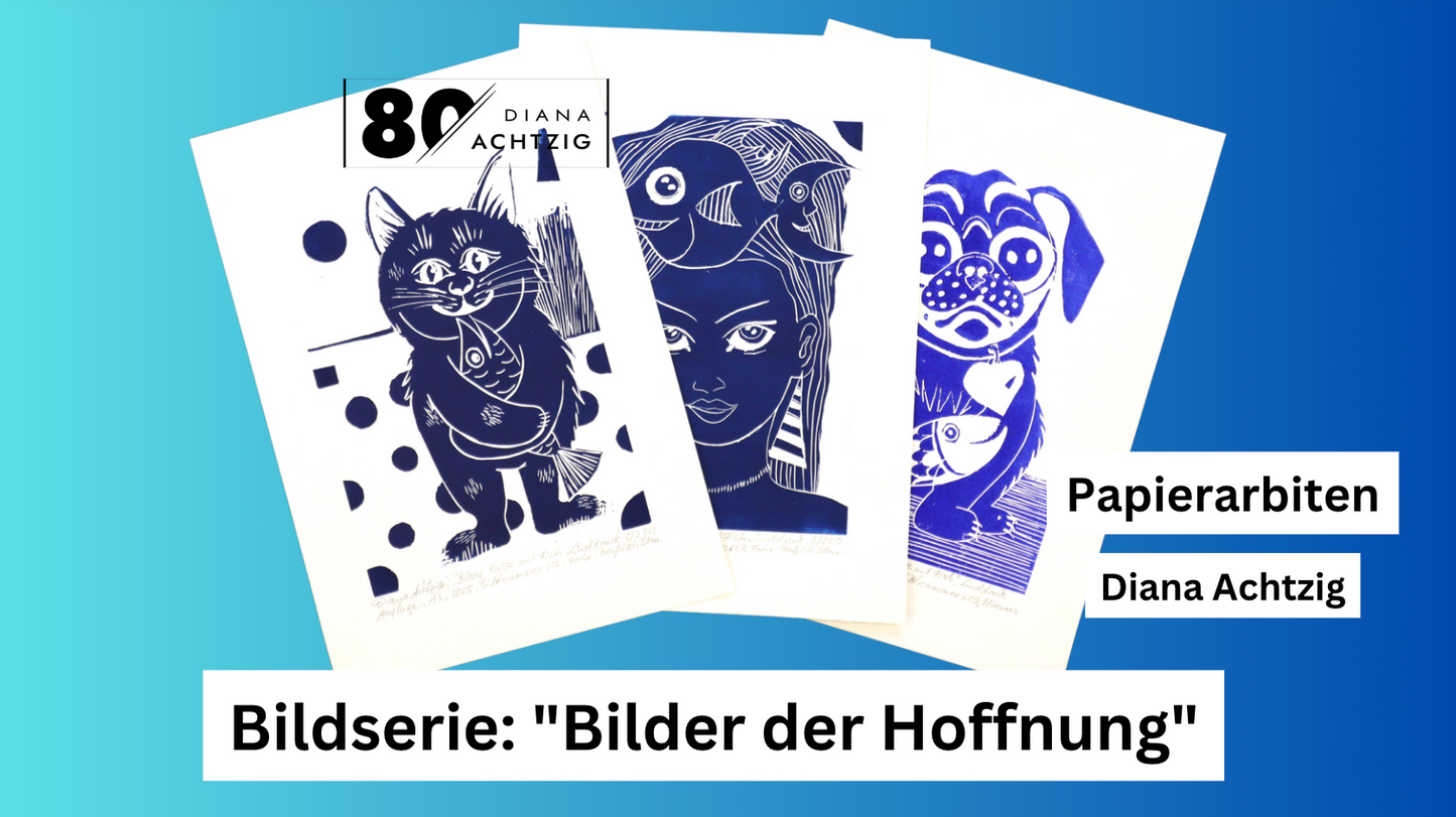 "Blaue Katze mit Fisch", A3, Linoldruck auf Papier