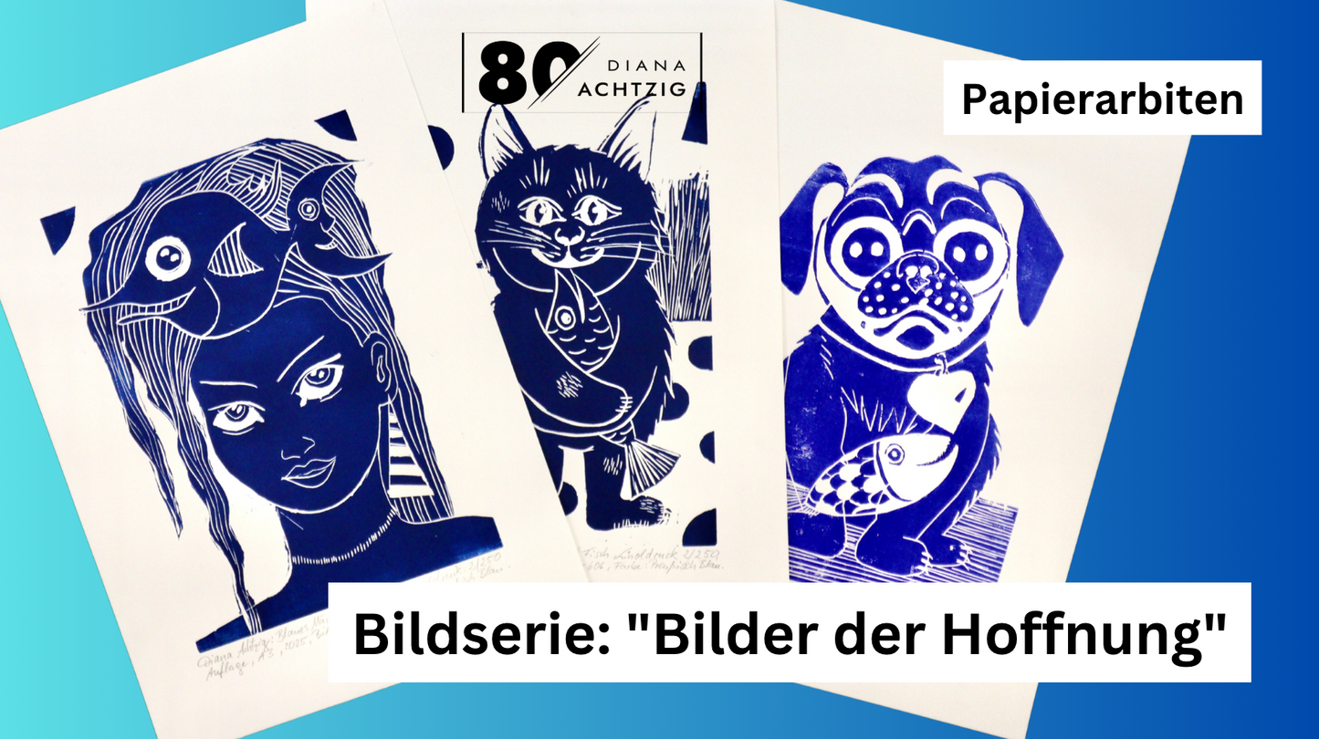 A3 - „Blaues Mädchen mit Fisch“, Linoldruck, Kunst, Bilder der Hoffnung,