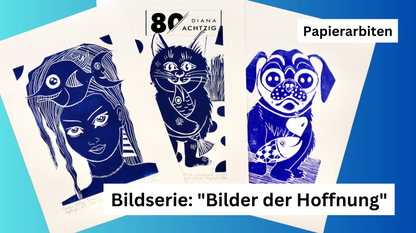 A3 - „Blaues Mädchen mit Fisch“, Linoldruck, Kunst, Bilder der Hoffnung,