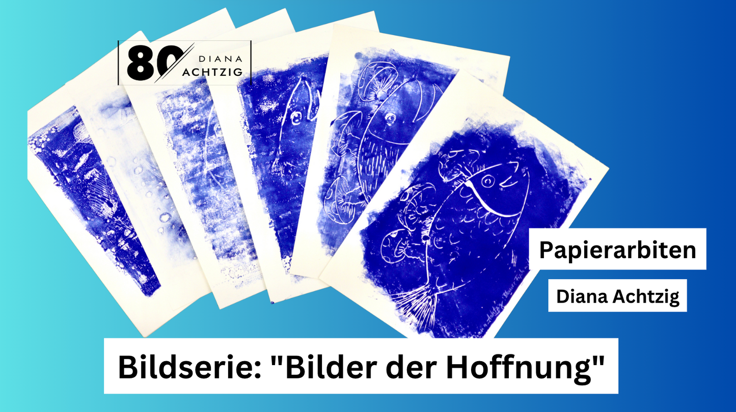 Bilder der Hoffnung: "Blauer Fisch mit Pilzen" –  2 x Monotypien, A3,