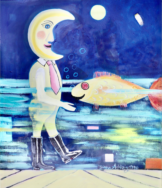 Gemälde: "Mann im Mond nach Paul Klees Goldfisch" Ölfarbe auf Leinwand