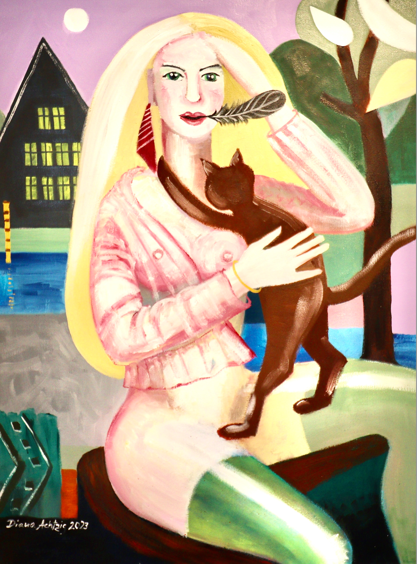 Erotik: "Frau mit brauner Katze vor dem Haus"