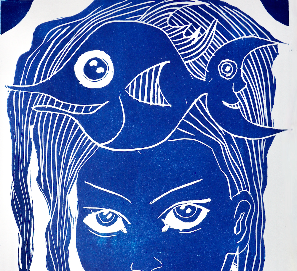 A3 - „Blaues Mädchen mit Fisch“, Linoldruck, Kunst, Bilder der Hoffnung,