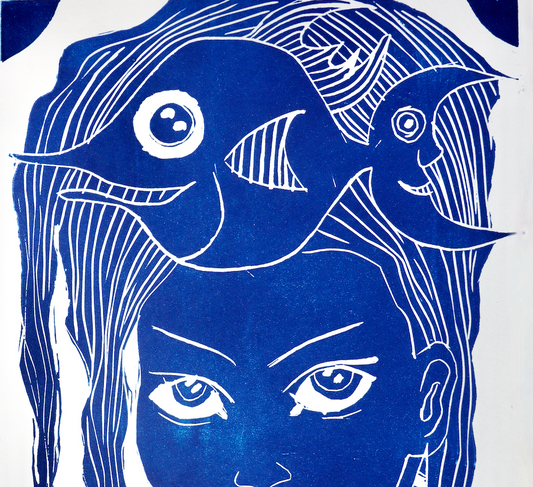 A3 - „Blaues Mädchen mit Fisch“, Linoldruck, Kunst, Bilder der Hoffnung,