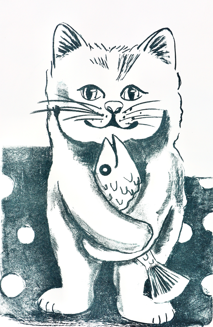 Blau-Weiß - Lithographie /Lithografie: "Katze mit Fisch" A2, Büttenpappier,