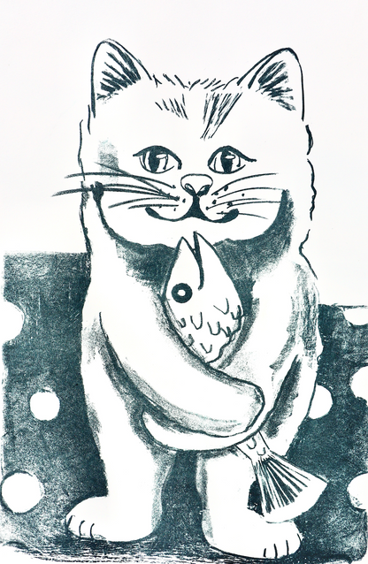 Blau-Weiß - Lithographie /Lithografie: "Katze mit Fisch" A2, Büttenpappier,