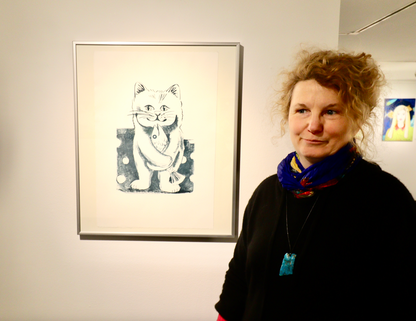 Blau-Weiß - Lithographie /Lithografie: "Katze mit Fisch" A2, Büttenpappier,