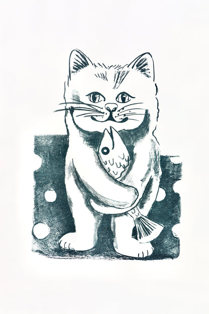 Blau-Weiß - Lithographie /Lithografie: "Katze mit Fisch" A2, Büttenpappier,