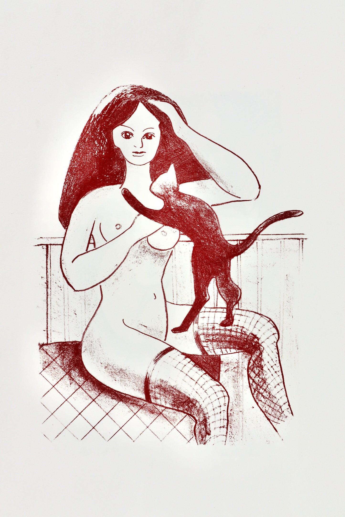 Akt Erotik  Rot-Weiß-Lithographie „Mädchen mit Katze“ (2020) A2, Büttenpapier