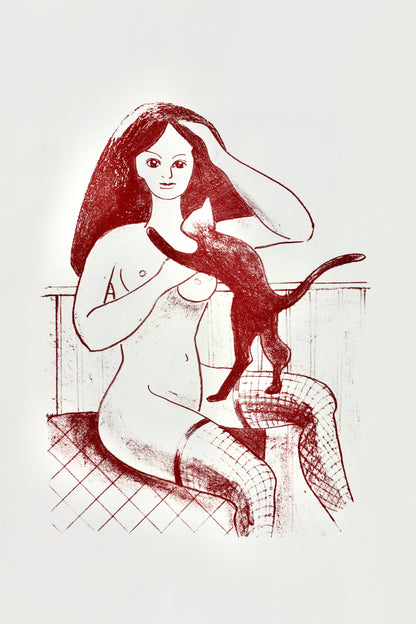 Akt Erotik  Rot-Weiß-Lithographie „Mädchen mit Katze“ (2020) A2, Büttenpapier