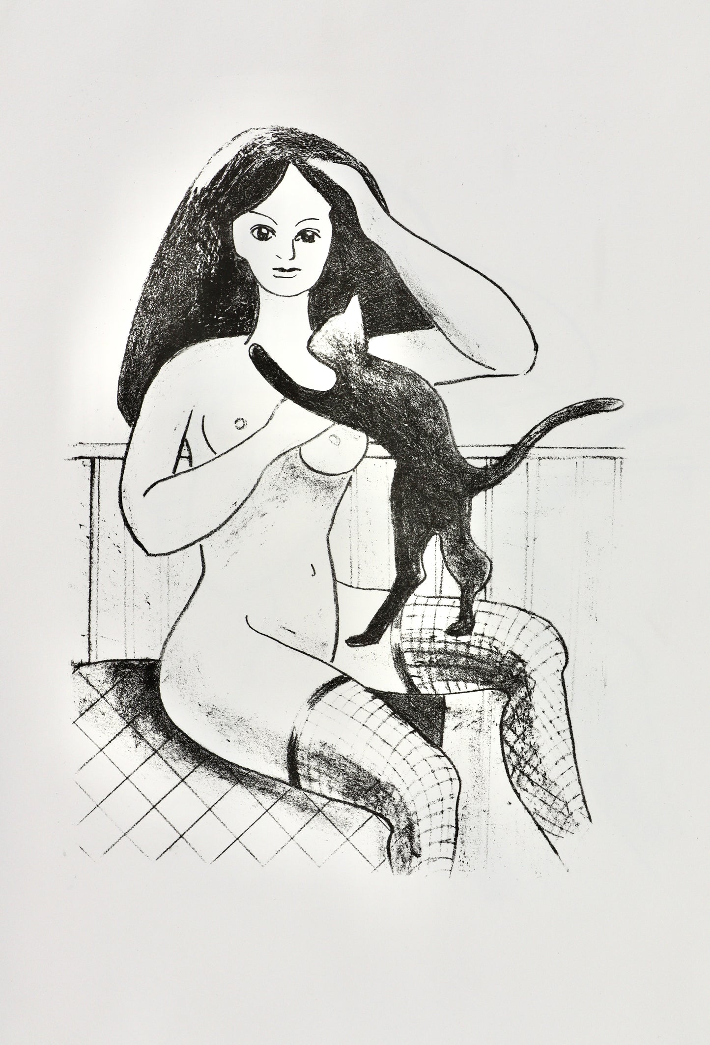 Akt Erotik - Schwarz-Weiß-Lithographie: "Mädchen mit Katze", A2,  6 Auflagen