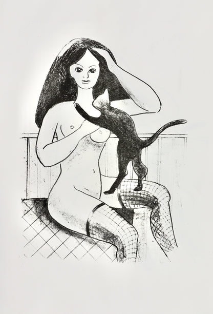 Akt Erotik - Schwarz-Weiß-Lithographie: "Mädchen mit Katze", A2,  6 Auflagen