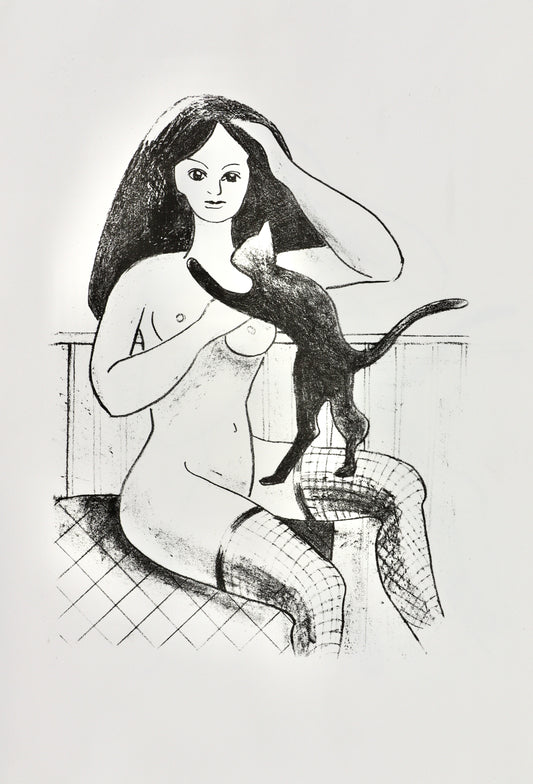 Akt Erotik - Schwarz-Weiß-Lithographie: "Mädchen mit Katze", A2,  6 Auflagen