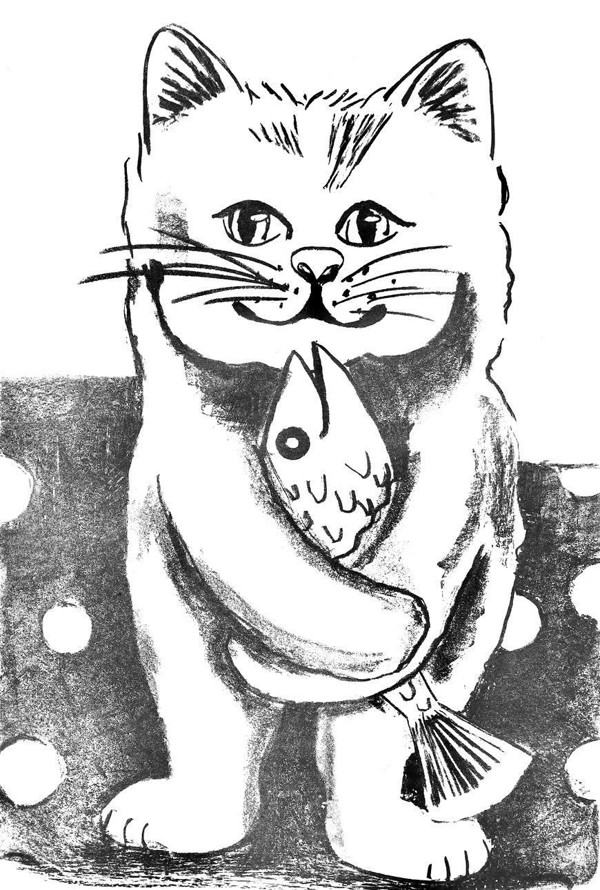Schwarz-Weiß - Lithographie /Lithografie: "Katze mit Fisch" A2, Büttenpappier,