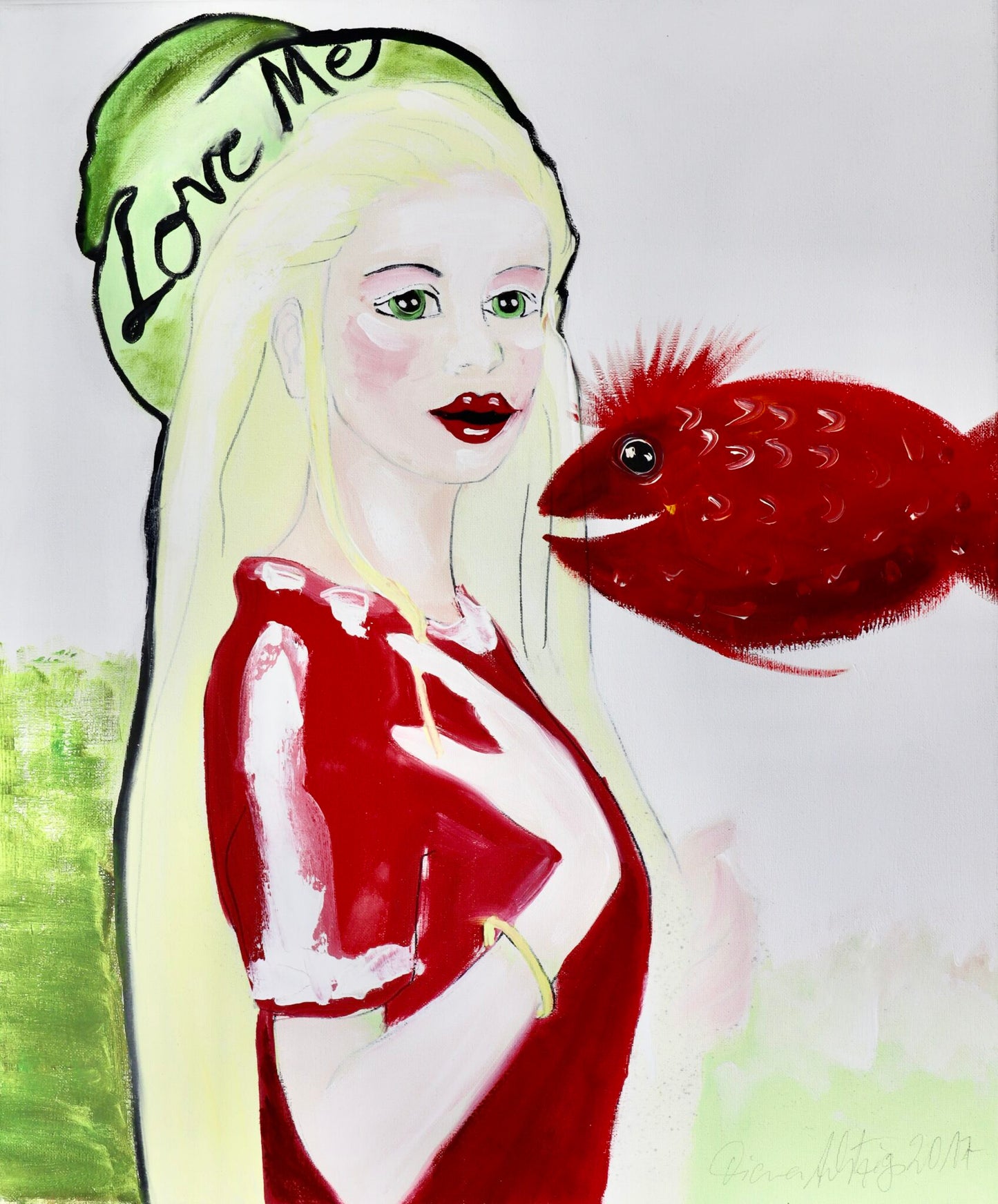 Gemälde: „Love Me mit rotem Fisch“ - Roter Fisch - Mädchen- und Tierportrait