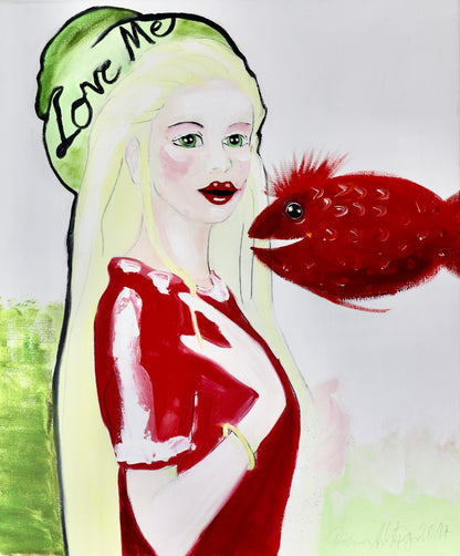 Gemälde: „Love Me mit rotem Fisch“ - Roter Fisch - Mädchen- und Tierportrait
