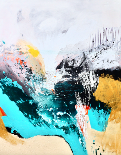 "Wasserfall", Sand, Acrylbild in Weiss, Gold und Tuerkis von Diana Achtzig