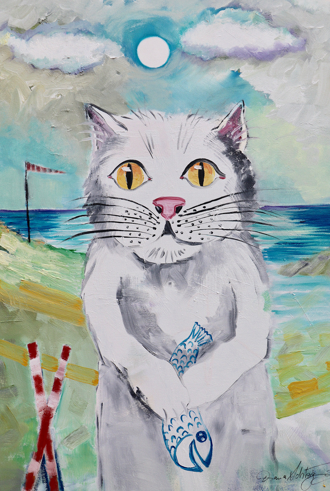 Gemälde:"Weiße Katze mit Fisch vor dem Meer" – Tierportrait + Symbolik der Hoffnung