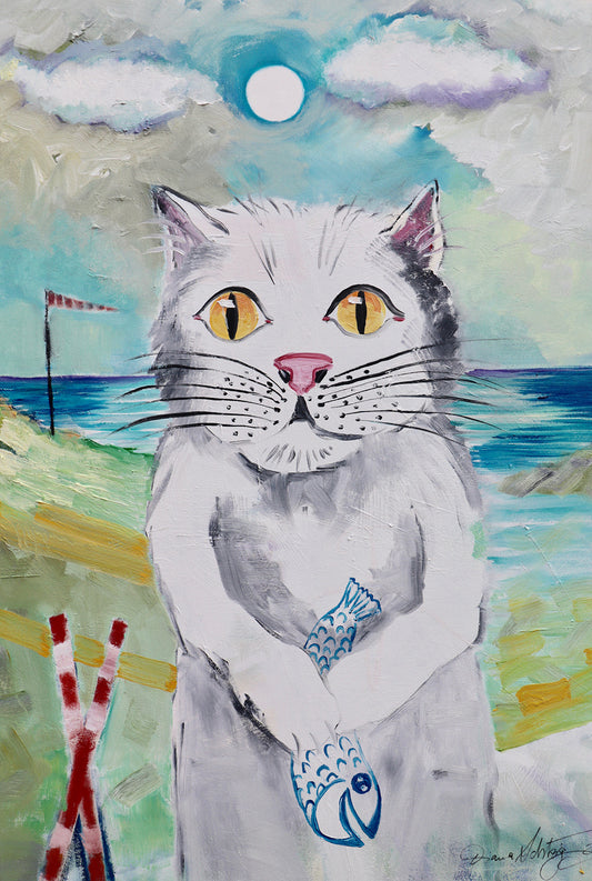 Gemälde:"Weiße Katze mit Fisch vor dem Meer" – Tierportrait + Symbolik der Hoffnung