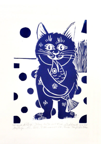 "Blaue Katze mit Fisch", A3, Linoldruck auf Papier