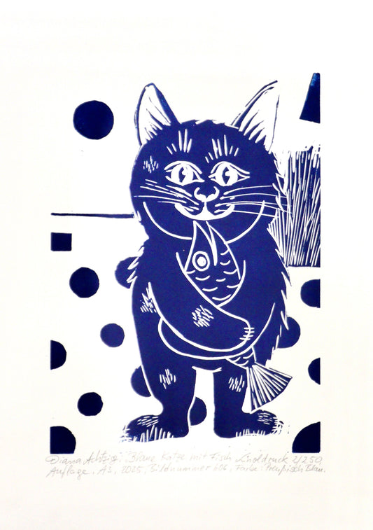 "Blaue Katze mit Fisch", A3, Linoldruck auf Papier