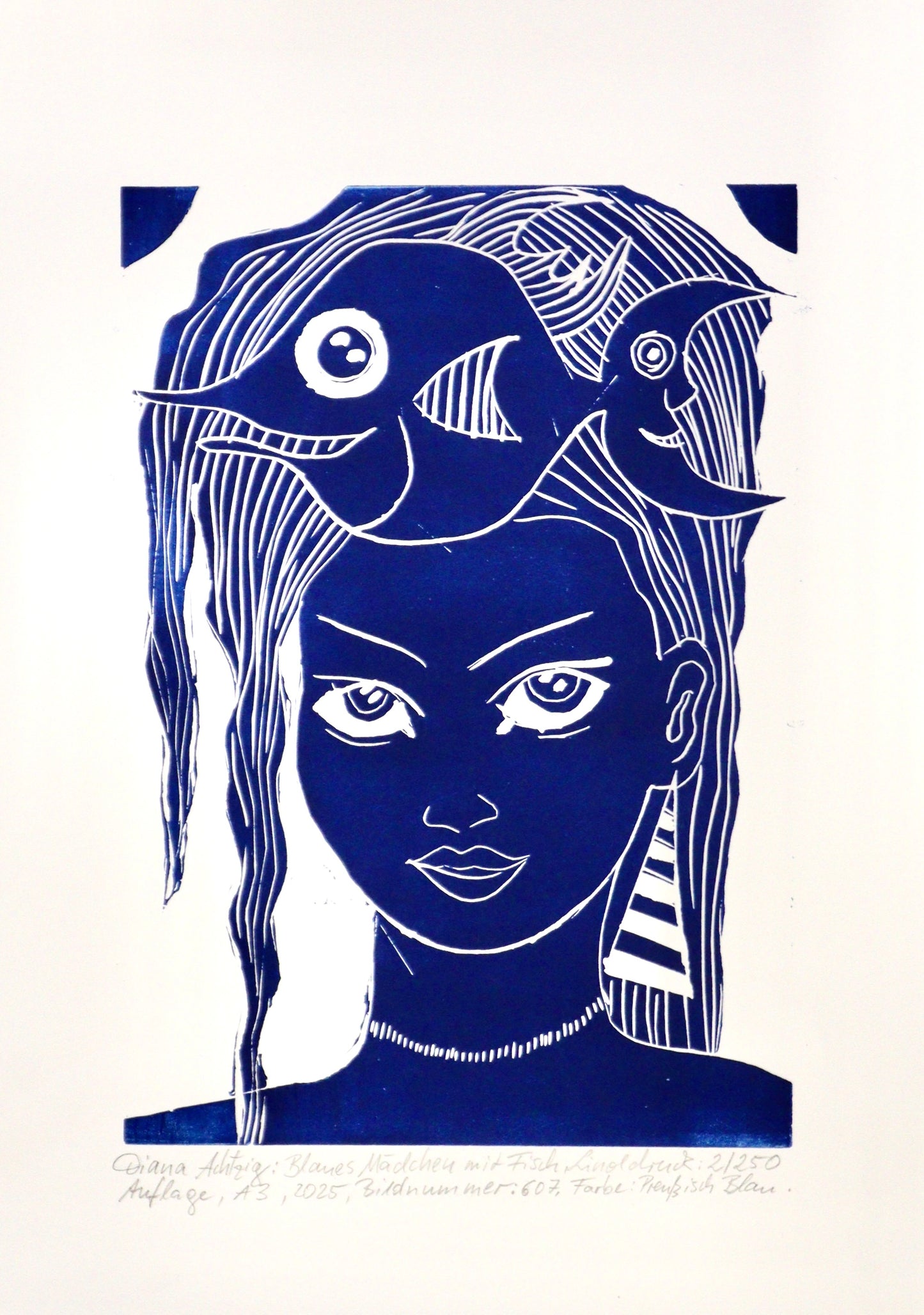 A3 - „Blaues Mädchen mit Fisch“, Linoldruck, Kunst, Bilder der Hoffnung,