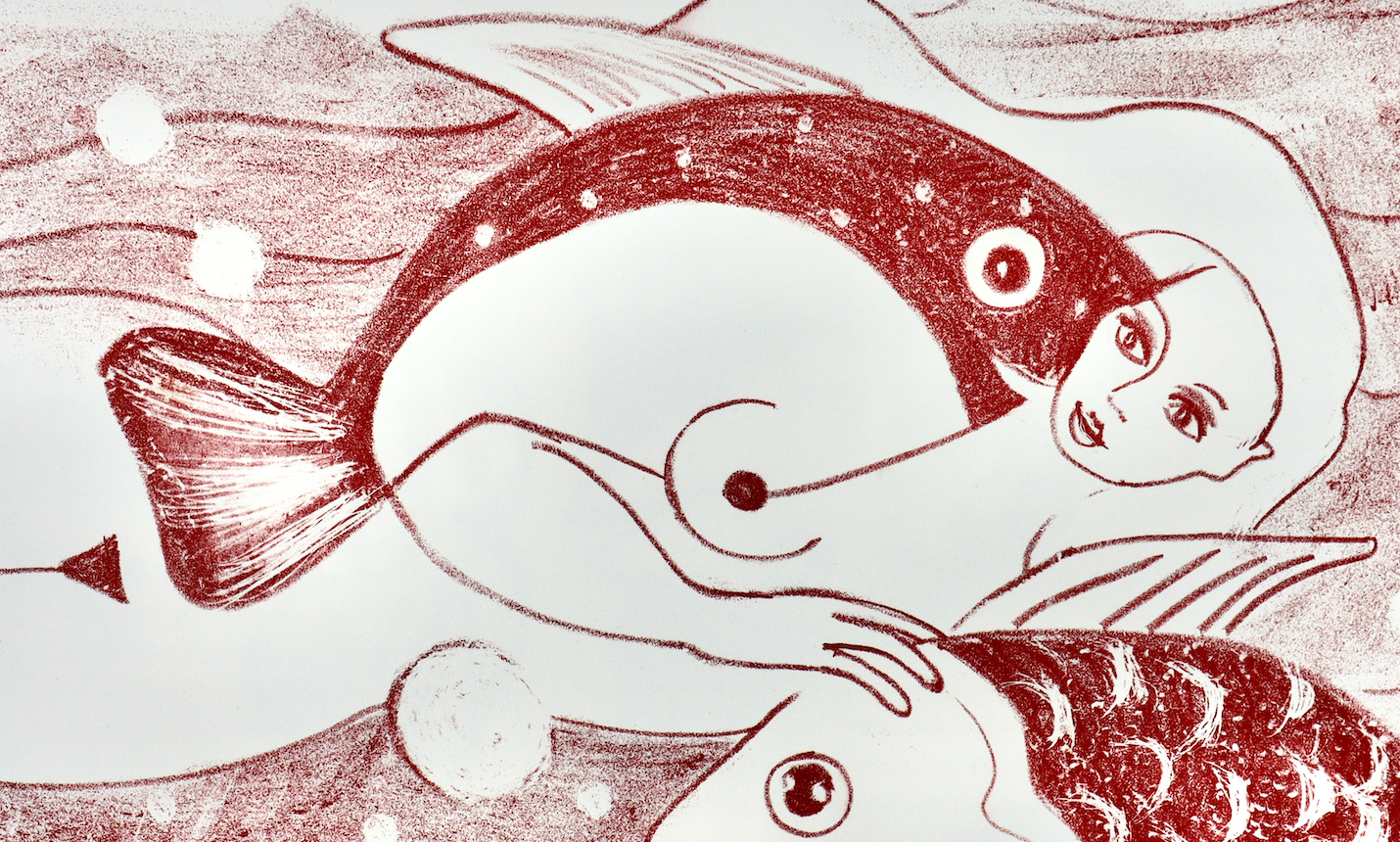 Akt Erotik Rot-Weiß-Lithographie - Lithografie Steindruck "Mädchen mit Fischen"