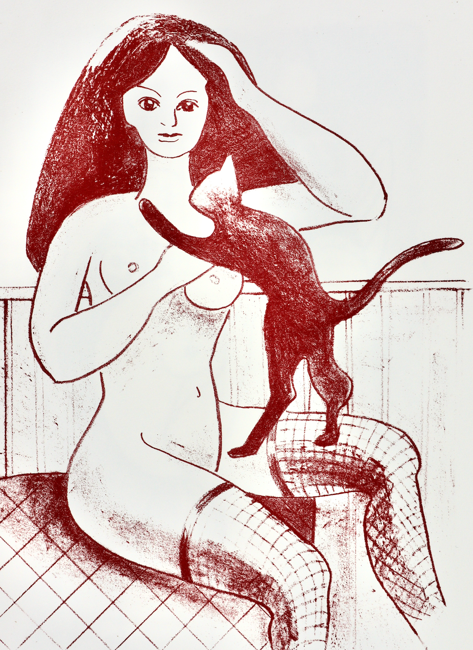 Akt Erotik  Rot-Weiß-Lithographie „Mädchen mit Katze“ (2020) A2, Büttenpapier