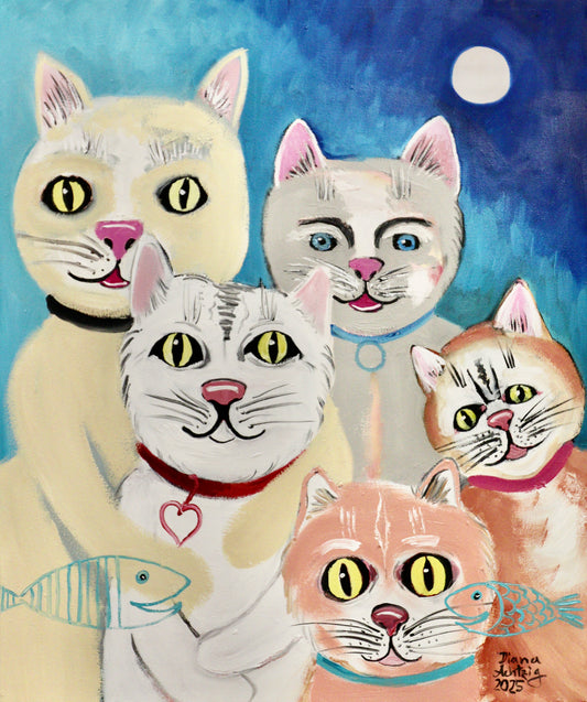 Gemälde: „Katzenparade mit türkisen Fischen“ – Ein Zeichen der Hoffnung, Wandbild