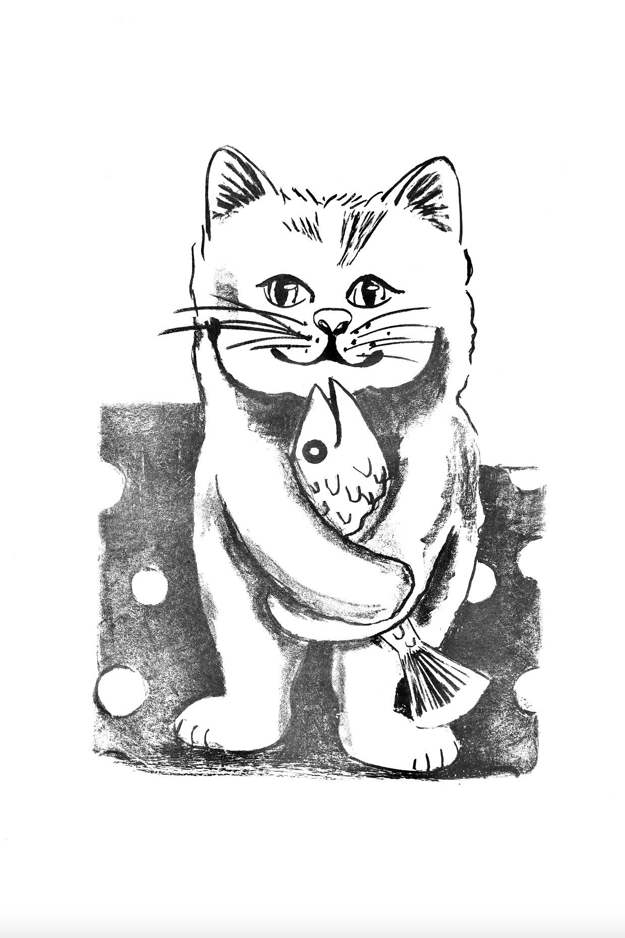 Schwarz-Weiß - Lithographie /Lithografie: "Katze mit Fisch" A2, Büttenpappier,