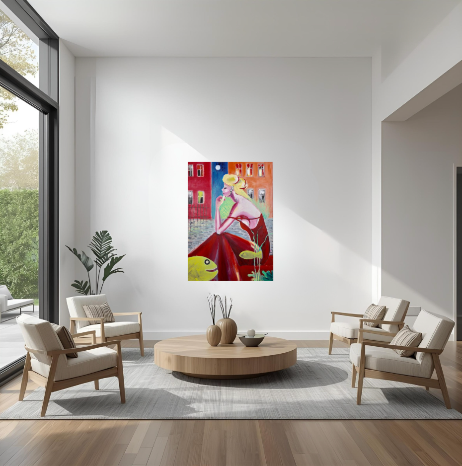 VERKAUFT: "Mädchen mit rotem Kleid und Fischen", Ölbild auf Leinwand, 70 x 50