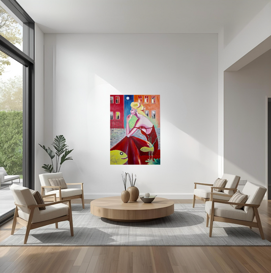 VERKAUFT: "Mädchen mit rotem Kleid und Fischen", Ölbild auf Leinwand, 70 x 50