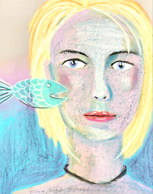 Mädchenporträt mit Türkisem Fischen - Hoffnung 2 - Pastellkreide, A3